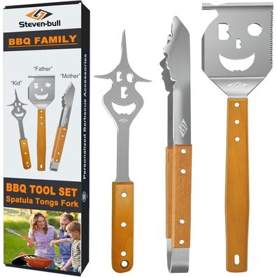 STEVEN-BULL'S Grillbesteck-Set 3-teilig, Extra Langes Grillwerkzeug aus