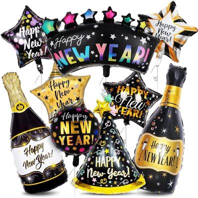 9 Stück Silvester 2025 Folienballons Set - Schwarz Gold, Champagner, Stern, XXL