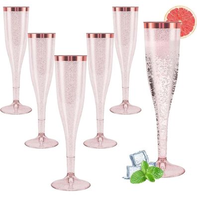 Sektgläser aus Kunststoff, 60 Stück, 150ml, Roségold Rand mit Glitter, Mehrweg