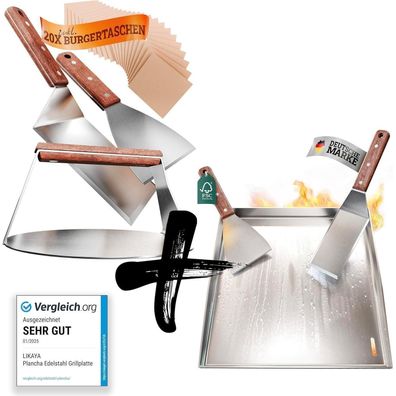 LIKAYA Plancha Edelstahl Grillplatte 40x40cm + Burger-Smasher Set mit