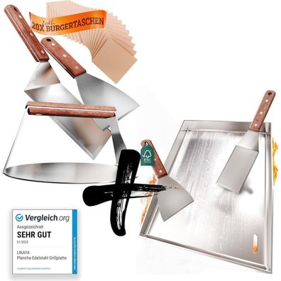 LIKAYA Plancha Edelstahl Grillplatte 30x40cm + Burger-Smasher Set mit