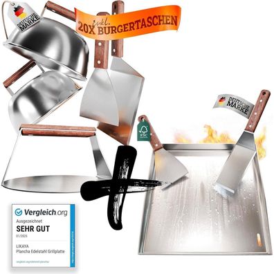 LIKAYA Plancha Edelstahl Grillplatte 40x40cm mit Burger Master Set für perfekte