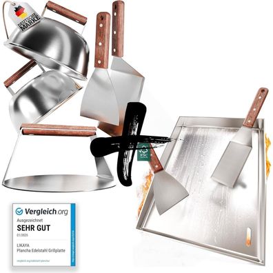 LIKAYA Plancha Edelstahl Grillplatte 30x40cm mit Burger Master Set - Inkl