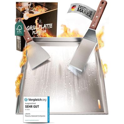 LIKAYA Plancha Grillplatte 40x40cm mit 2 Grillspachteln mit