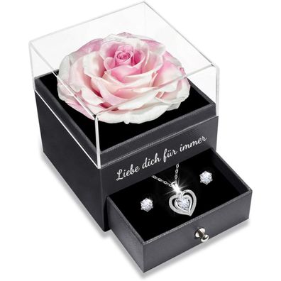 Sunia Ewige Echte Rose mit Herz Halskette & Ohrringen aus 925 Sterlingsilber