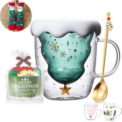Binoster Doppelwandige Isolierglas Tasse mit Weihnachtsbaum-Motiv, 230-280ml