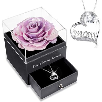 Sunia Ewige Rose Geschenkset für Mama mit 925 Sterling Silber Halskette "Mom"