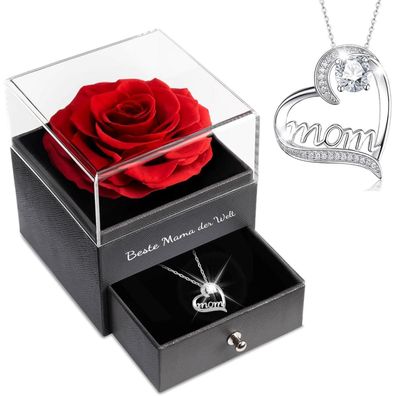Sunia Geschenke für Mama: Ewige Rose mit 925 Sterling Silber "Mom" Halskette