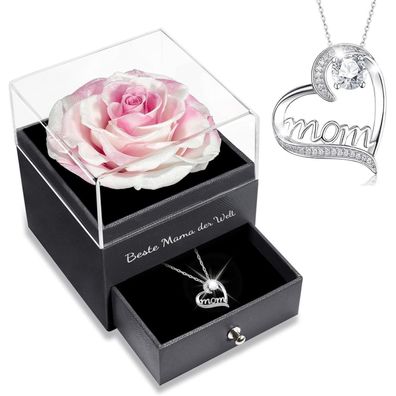 Sunia Ewige Echte Rose mit Mom Halskette aus 925 Sterlingsilber - Geschenk für