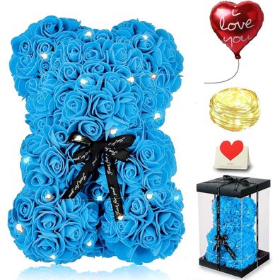Touloube Rosenbär Geschenkset Blau - Handgefertigter Rosen Teddybär mit