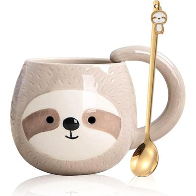 Yalucky Faultier-Kaffeetasse 3D-Cartoon Keramik, niedliche Reise-Teetasse für