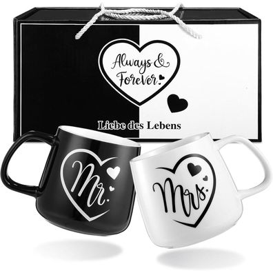 LIHAO Mr & Mrs Partnertassen Set, Hochzeitsbecher 2 Stück, Keramik, 350ml je