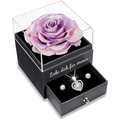 Sunia Ewige Echte Rose mit Herz Halskette & Ohrringen, 925 Sterlingsilber