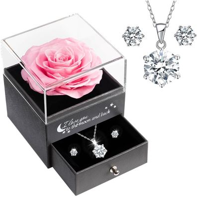 Sunia Ewige Rose Geschenkbox mit 925 Sterlingsilber Kette & Ohrringen