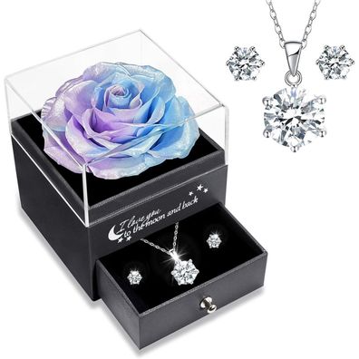 Sunia Ewige Rose Geschenkbox mit 925 Sterlingsilber Kette & Ohrringen - Blau