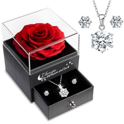 Sunia Ewige Rose mit 925 Sterlingsilber Kette & Ohrringen - Romantisches