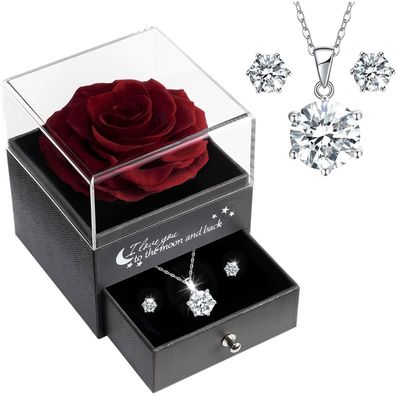 Sunia Ewige Rose mit Kette & Ohrringen aus 925 Sterlingsilber - Romantisches