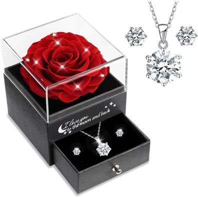 Sunia Ewige Rose mit Kette & Ohrringen aus 925 Sterling Silber, Geschenk für