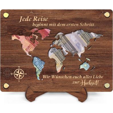 Qhhentoo Geldgeschenk Reise aus Holz mit Ständer - Weltkarte Urlaub Deko für