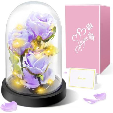 Touloube Ewige Rose im Glas mit Lichtern, Lila Rose Geschenk für Frauen