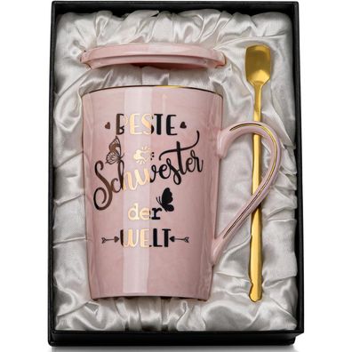 ALBISS Beste Schwester Tasse, Rosa Marmor Kaffeetasse mit Gold Druck