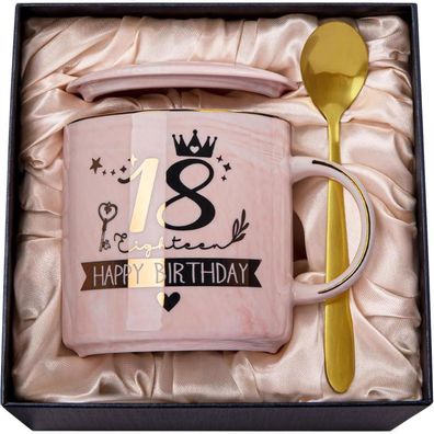 18. Geburtstag Tasse für Mädchen, 14oz Kaffeetasse mit Golddruck, Rosa