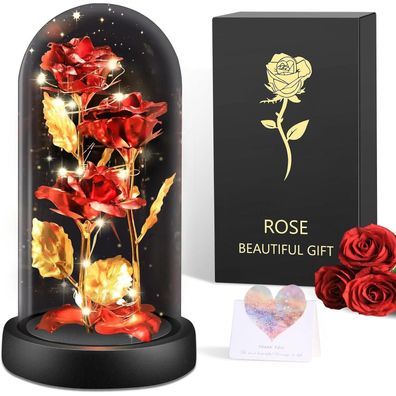 BOLEi Ewige Rose im Glas, Die Schöne und das Biest, Rote Galaxie Blume mit LED
