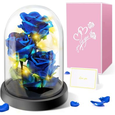 Touloube Ewige Rose im Glas mit Lichtern, Blaue Rose Geschenk für Frauen