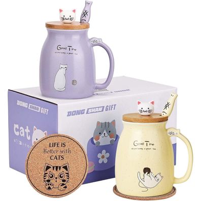 Katzenbecher 2er Set Keramik mit Kawaii-Deckel und Zubehör, 450ml, Lila und Gelb