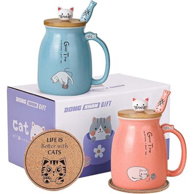 Katzenbecher 2er Set, Keramik Kaffeebecher mit Kawaii-Deckel, 450ml, blau