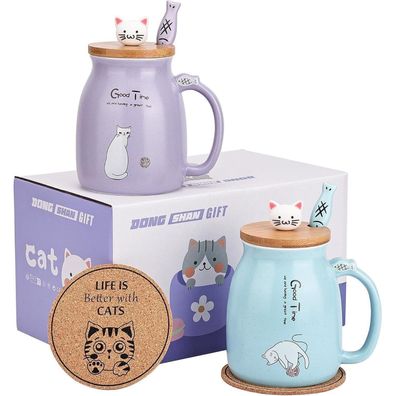 Dongshangift Katze Becher 2er Set, Niedliche Keramik Teetasse mit