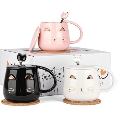 Dongshangift Katzenbecher Set (3 Stück) - Keramik Tassen mit Deckel, Löffel