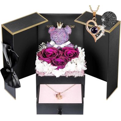 ADDWel Ewige Echte Rose mit Kette 'Dich ich Liebe' 100 Sprachen Gravur