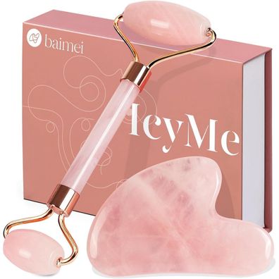 BAIMEI Gua Sha Stein und Gesichtsroller Rosenquarz Set