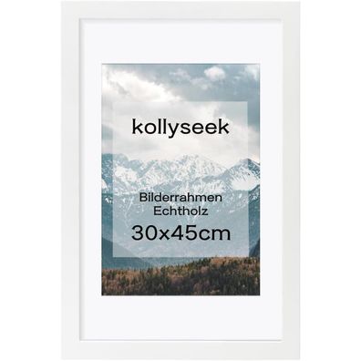 kollyseek Bilderrahmen 30x45cm Weiß Echtholz mit Passepartout, bruchsicherem