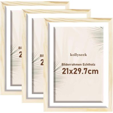 kollyseek Bilderrahmen A4 (21x29.7cm) 3er Set aus Kiefernholz mit Passepartout