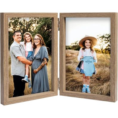 AVEAX Klappbarer Doppel-Bilderrahmen 10x15 cm mit Echtglasfront, Holzmaserung