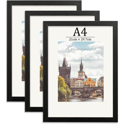 Kromapolis 3er Set Bilderrahmen A4 Schwarz (21x29.7 cm) aus MDF mit Acrylglas