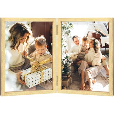 AVEAX Doppelter Bilderrahmen 10x15 cm, Holz, Klappbar, mit Echtglasfront, Gold