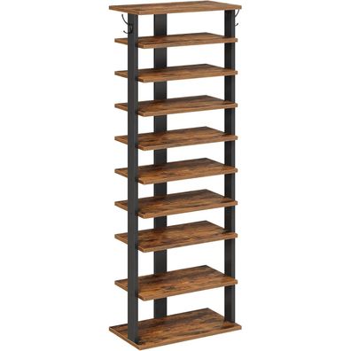 HOOBRO 10-lagiges schmales Schuhregal, 50 cm Schuhschrank mit 2 Haken, stabil