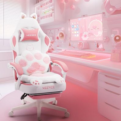 Meenice Pink Cute Katzen Gaming Stuhl mit Fußstütze, Ergonomischer PC Stuhl für