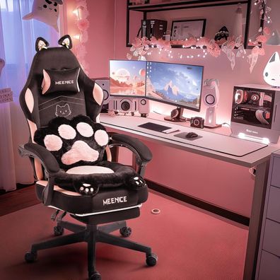 Meenice Pink Cute Katze Gaming Stuhl Stoff mit Katzenpfote Lendenkissen