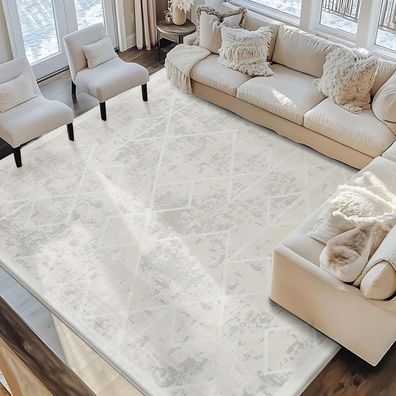 Leesentec Kurzflor Teppich 200x300cm Elfenbein Creme Weiß Modern Geometrisch