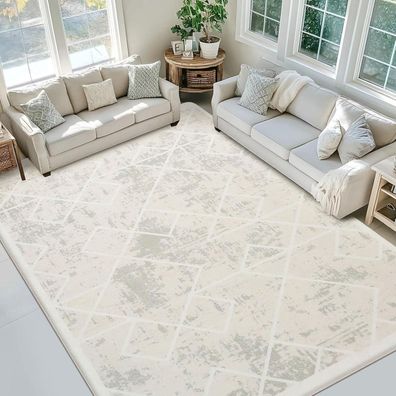 Leesentec Kurzflor Teppich 200x250cm Elfenbein Creme Weiß Abstrakt Geometrisch