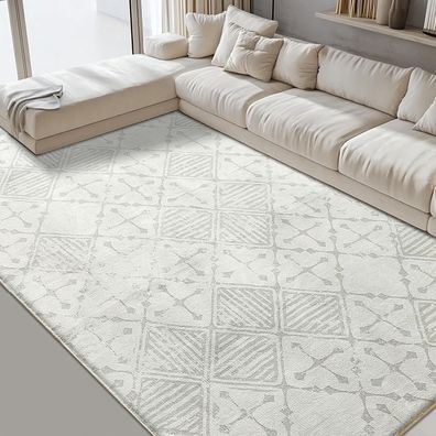 Leesentec Kurzflor Teppich 200x250cm Grau Creme Weiß Modern Geometrisch