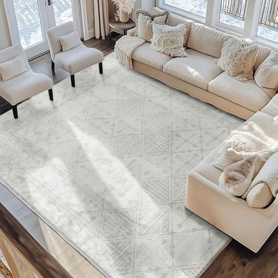 Leesentec Kurzflor Teppich 200x300cm Grau Creme Weiß Modern Geometrisch
