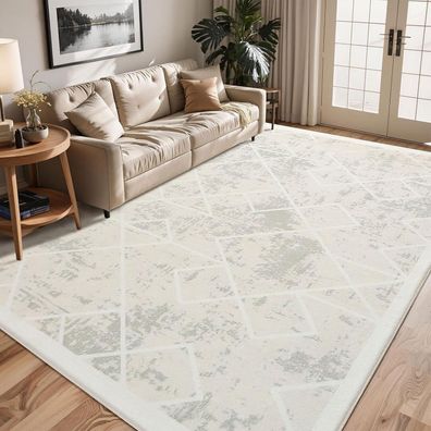 Leesentec Kurzflor Teppich 160x200cm, modern geometrisch, elfenbeinweiß