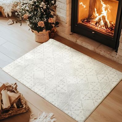 Leesentec Kurzflor Teppich 80x120cm Grau Creme Weiß Modern Geometrisch