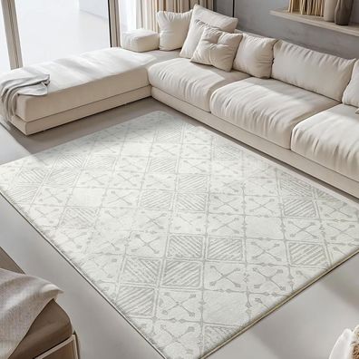 Leesentec Kurzflor Teppich 160x200cm Grau Creme Weiß Modern Geometrisch