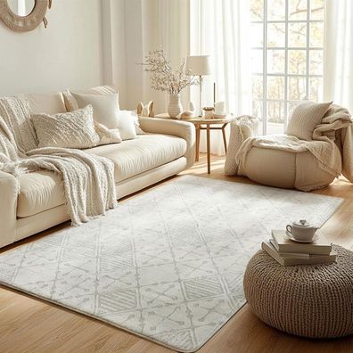 Leesentec Kurzflor Teppich 120x160cm Grau Creme Weiß Modern Geometrisch Abstrakt
